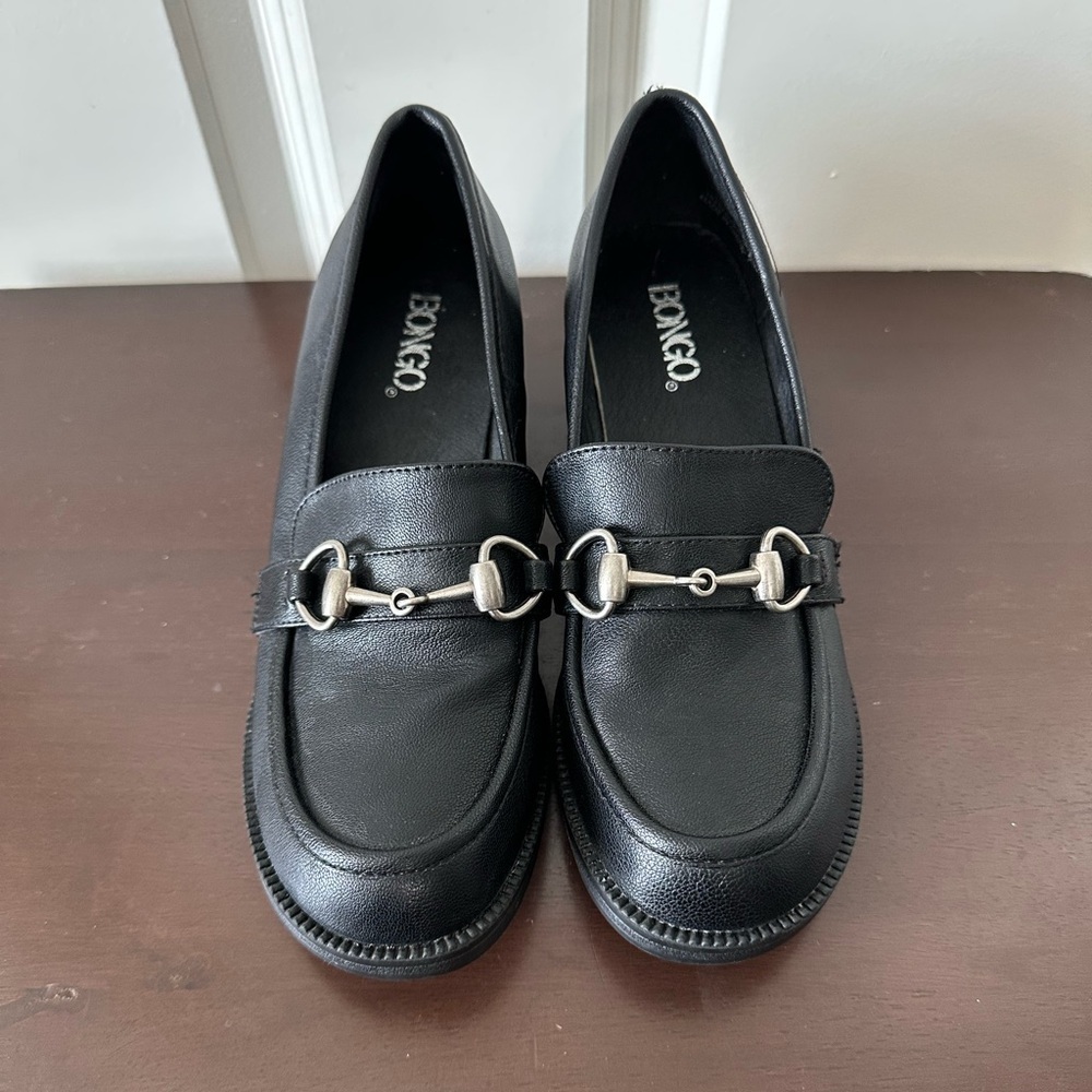 Bongo Buckle Loafers Vintage Black Faux Leather Chunky Heel Women’s Size 5.5